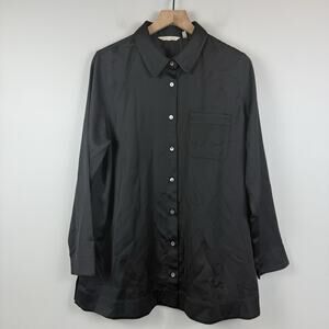 Soft Surroundings Satin Button Up Collared Blouse XL Black Staple Goth Workwear